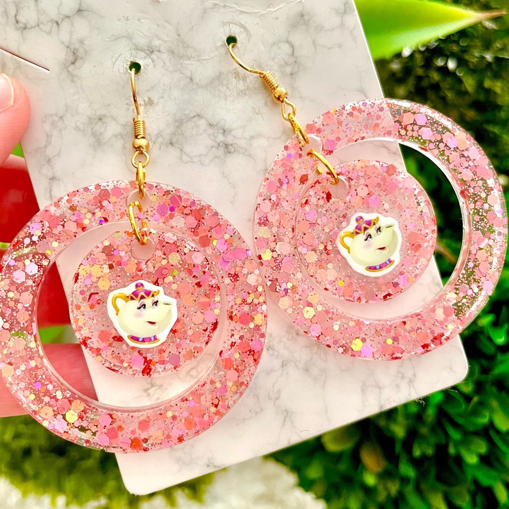 Mrs. Potts Glitter Dangle Earrings